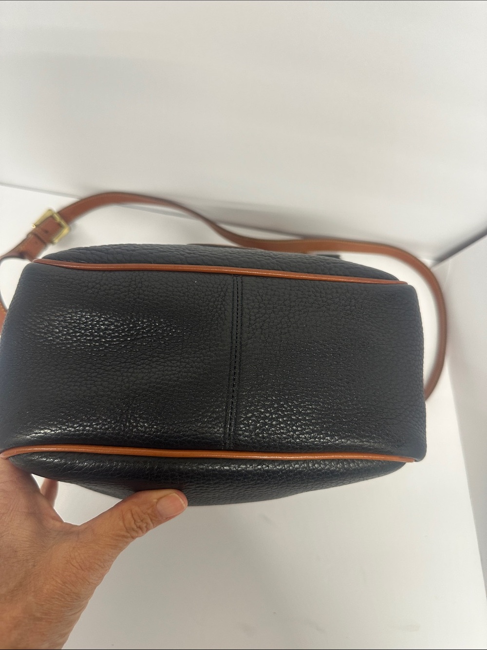 Dooney & Bourke Black Pebbled Leather Drawstring Bucket Bag with Tan Trim - Picture 5 of 13